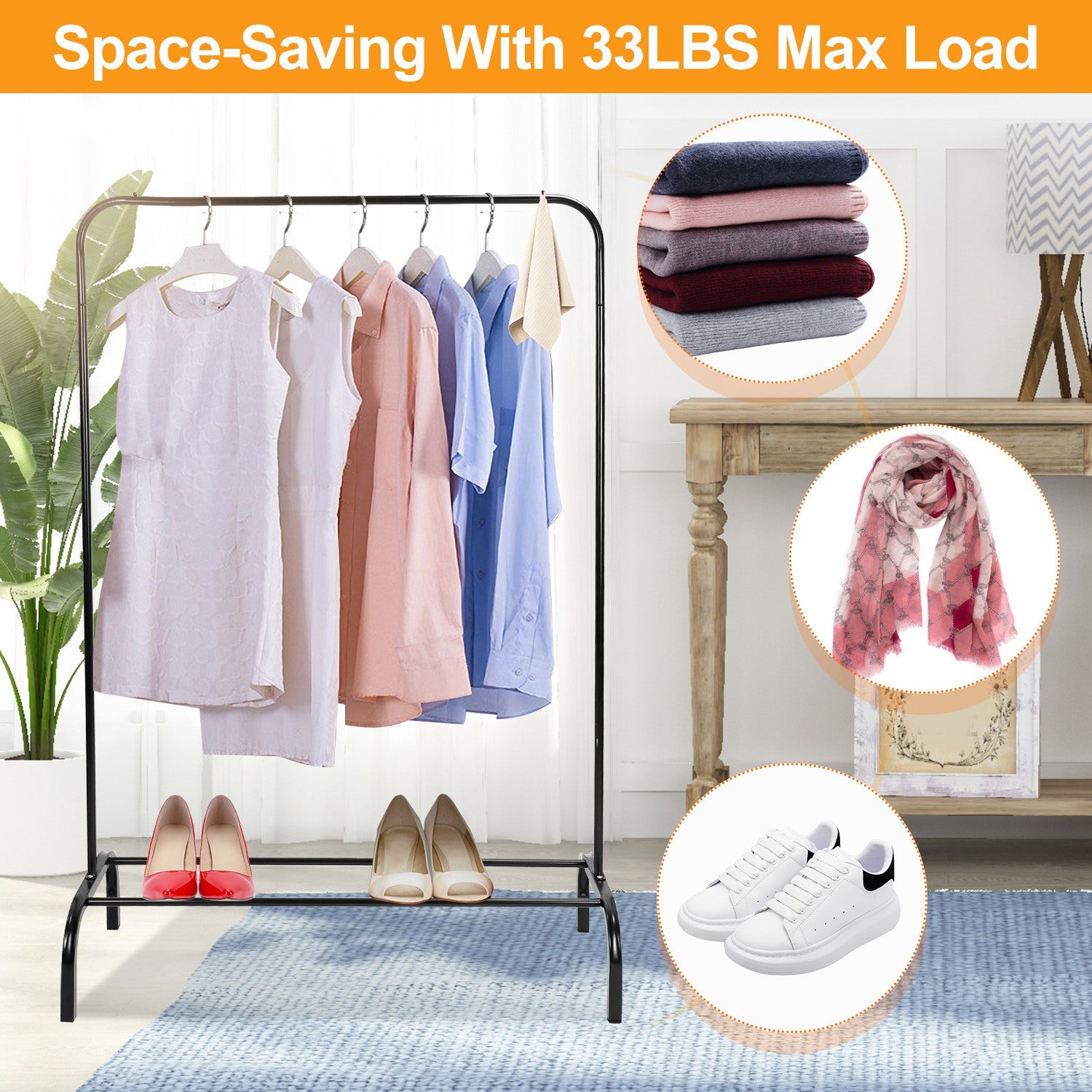 Freestanding Clothing Rack with Bottom Shelf